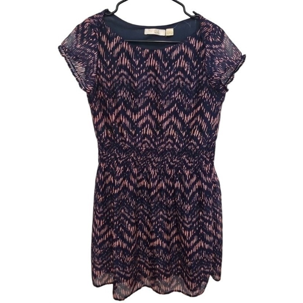 New Glory Navy Burnt Orange Ikat Chevron Sheer Overlay Summer Dress Medium